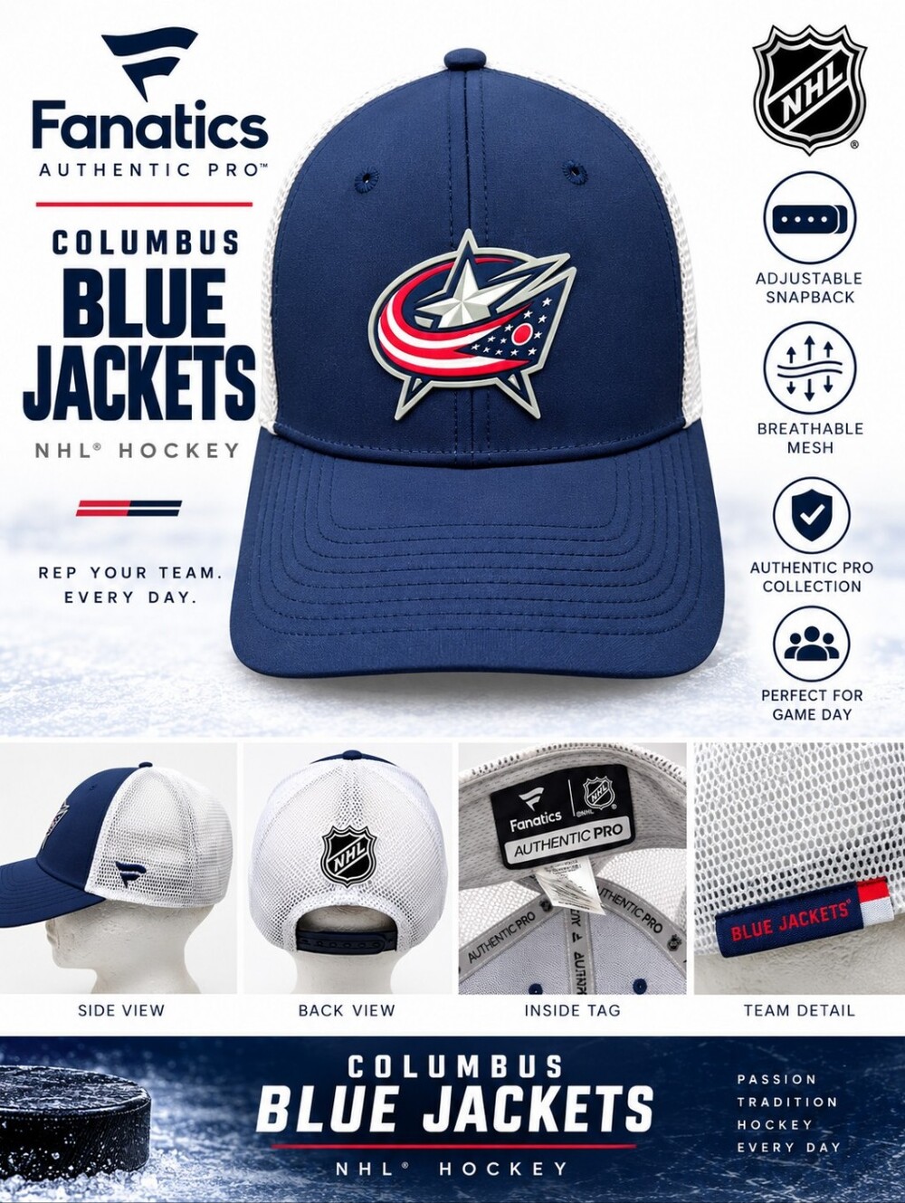 Columbus Blue Jackets Fanatics Authentic Pro NHL Trucker Hat Snapback